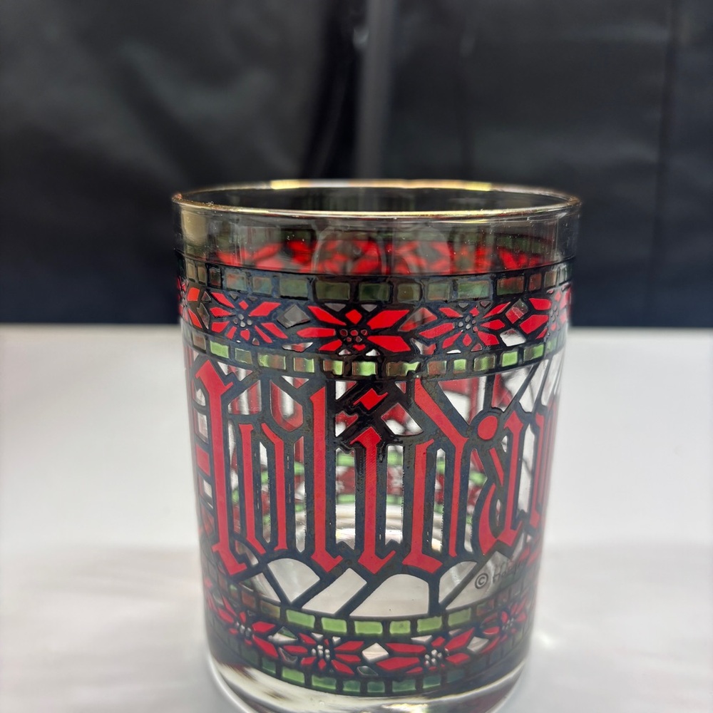 4 Vintage Houze Stained Glass Christmas Happy Holidays 4" Tumblers Glasses - Picture 3 of 10